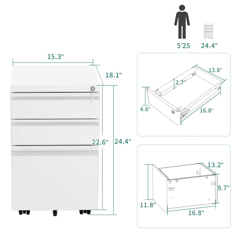 Modern 2/3-Drawer Locking Rolling Wheeled Steel File Cabinet
