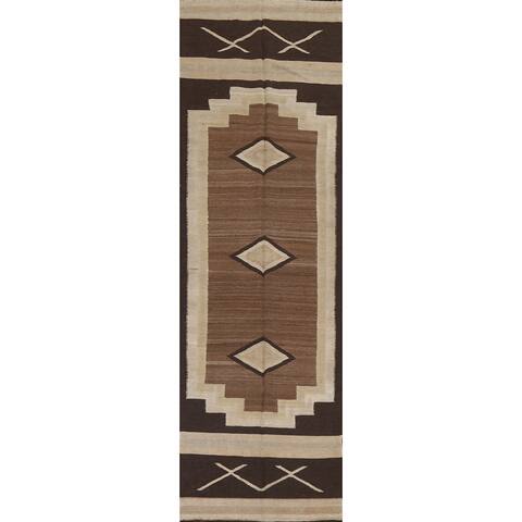 Natural Dye Geometric Kilim Oriental Runner Rug Hand-woven Wool Carpet - 3'3" x 12'7"