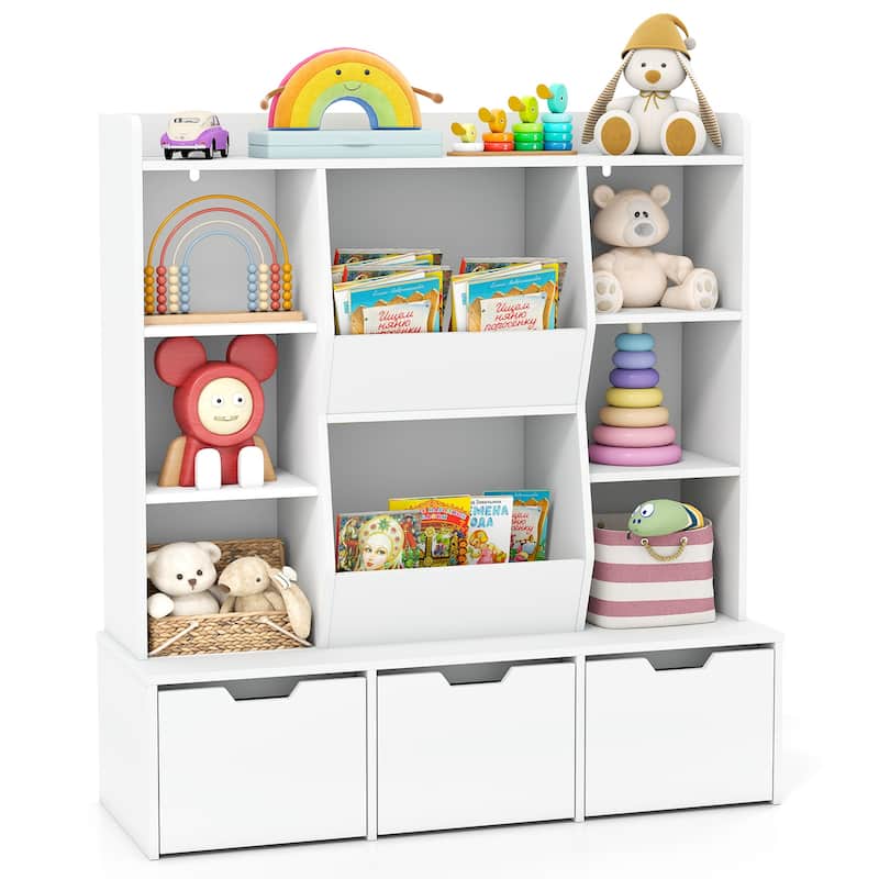 White Kids Storage Cabinet with Drawers and Cubbies Wooden Toy Organizer and Bookshelf for Playroom or Bedroom - 44" x 16" x 47"