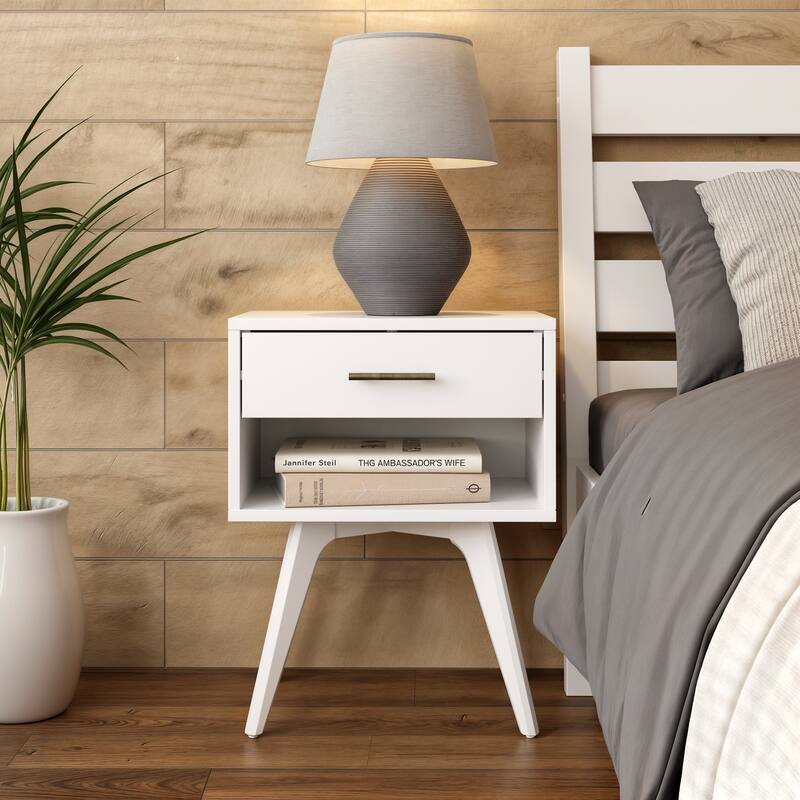Mid Century Modern One Drawer Nightstand - White Finish - White