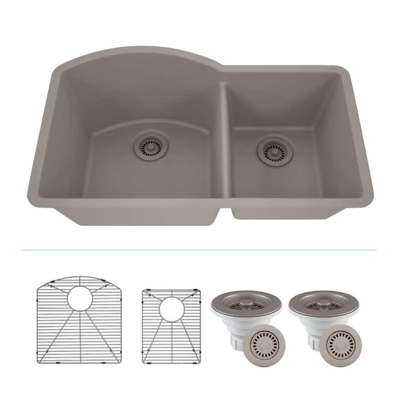 Lexicon Platinum Quartz 32 Inch 70/30 Double Bowl Kitchen Sink with Bottom Grids and Strainers and Disposal Flange - Galaxy Concrete