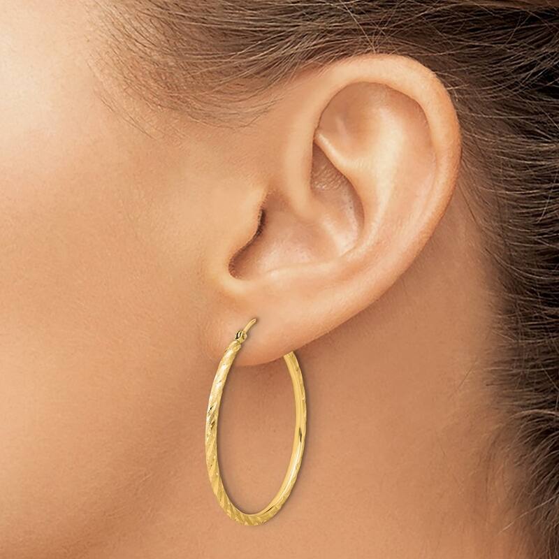 Curata 14k Yellow Gold Polished and Satin and Sparkle Cut Hoop Earrings - 35.4x35mm