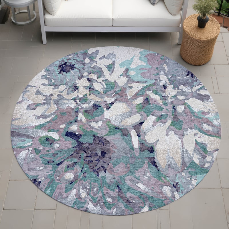 Machine Washable Indoor/ Outdoor Abstract Floral Chantille Rug - Lavender - 8' x 8'