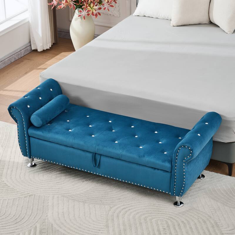 Velvet Storage Bench End of Bed Bench with Crystal Buttons, Vanity Bench Leisure Bench Accent Bench with 1 Pillow