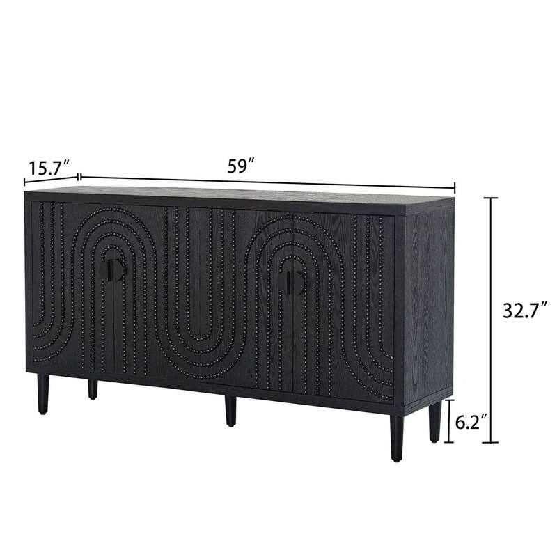 Wooden 59" Storage Sideboard Cabinet with Decorative Nailhead 4-Door for Kitchen Entryway and Living Room