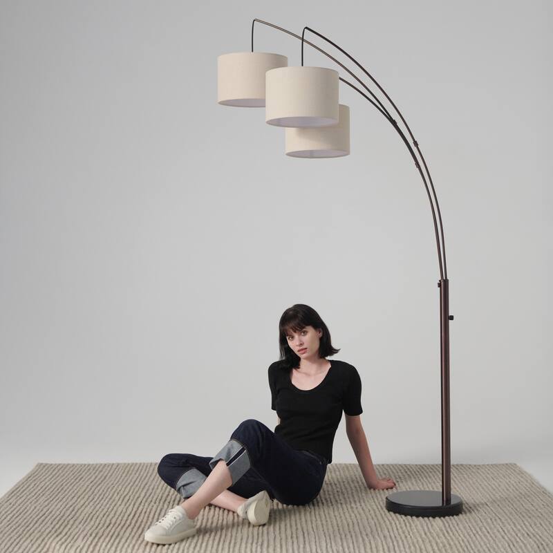Brightech Trilage 84 in. Oil Brushed Bronze Mid-Century Modern 3-Light Adjustable LED Floor Lamp with 3 Beige Fabric Drum Shades