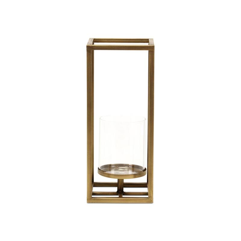 Small Square Framed Candle Lantern with Glass Insert - 13" - Gold