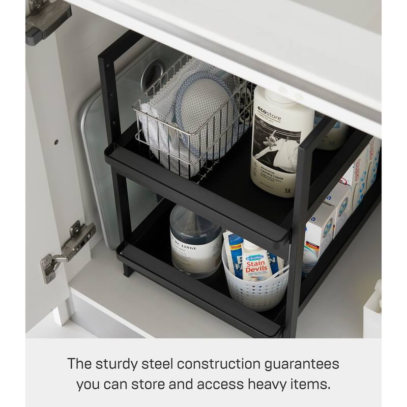 Yamazaki Home Under-Sink Rack with Pull-Out Shelf, Steel, Adjustable - L 26.97 x W 11.97 x H 17.83 inches