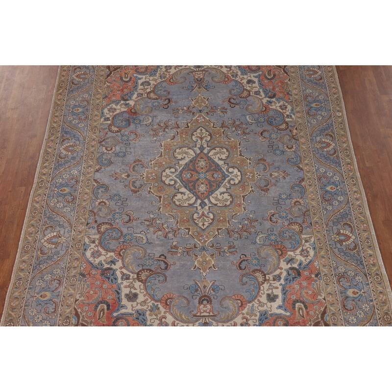 Blue Distressed Tabriz Persian Vintage Rug Hand-Knotted Wool Carpet - 7'4" x 10'3"