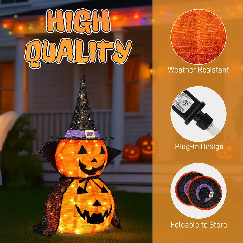 2-Pack 3 Feet Halloween Pumpkin Decorations with 176 Warm LED Lights for Indoor or Outdoor Use - 12"Dia x 36"H