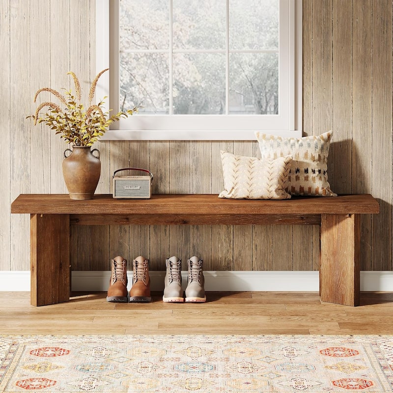 63 Inches Solid Wood Bench, Entryway Bench with Thickened Legs for Entrance, Dining Room