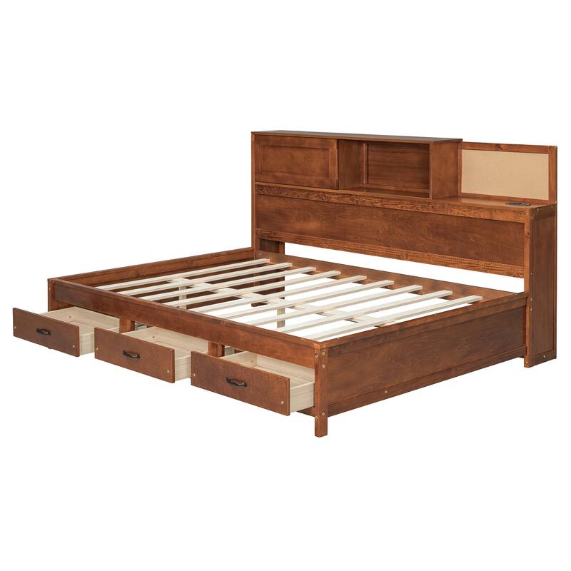 Full Size Wooden Daybed with Storage Drawers, USB Ports, and Shelf in Walnut