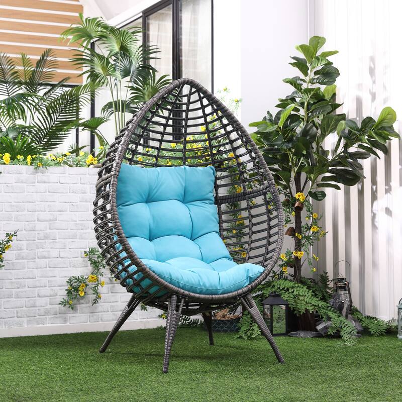 Outsunny Patio Wicker Egg Chair w/ Soft Cushion, Teardrop Cuddle Seat, Outdoor / Indoor Patio Chair - Sky Blue