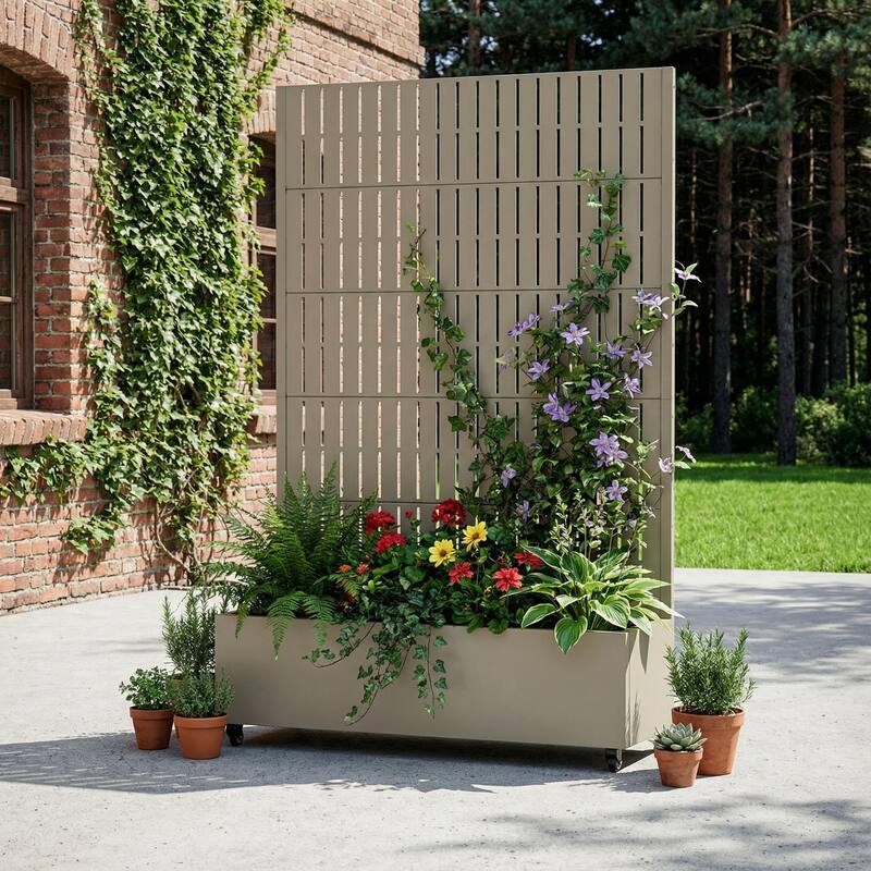 Raised Garden Bed Planter with Trellis Movable Planter Box with Lockable Wheels - 72*47 - Olive Green