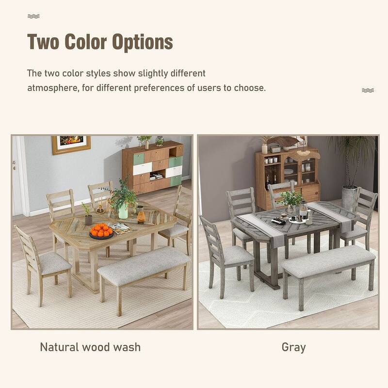 Farmhouse 6-Piece Dining Set, 60" Rectangular Dining Table with 4 Upholstered Dining Chairs and Bench