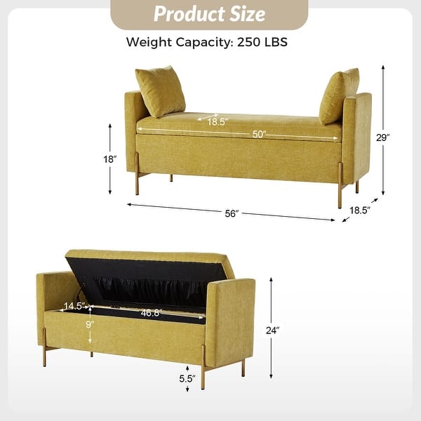 dimension image slide 2 of 5, Angelus Modern 56''W Upholstered Flip Top Storage Bench withTwo Pillows and Arms by HULALA HOME