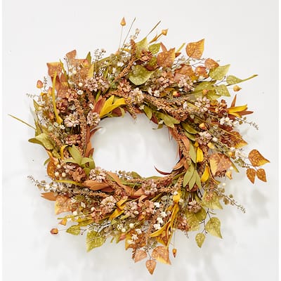 24" Artificial Fall Harvest Floral & Leaves Wreath on Natural Twig Base