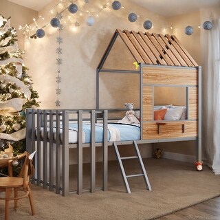 House-shaped Design Metal Twin size Loft Bed with Roof, Window, Guardrail and Ladder, Safety & Fun, Maximized Space, Silver