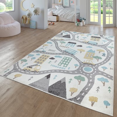 Nursery Rug with Streets Cars and Trees Motif in Pastel Colors