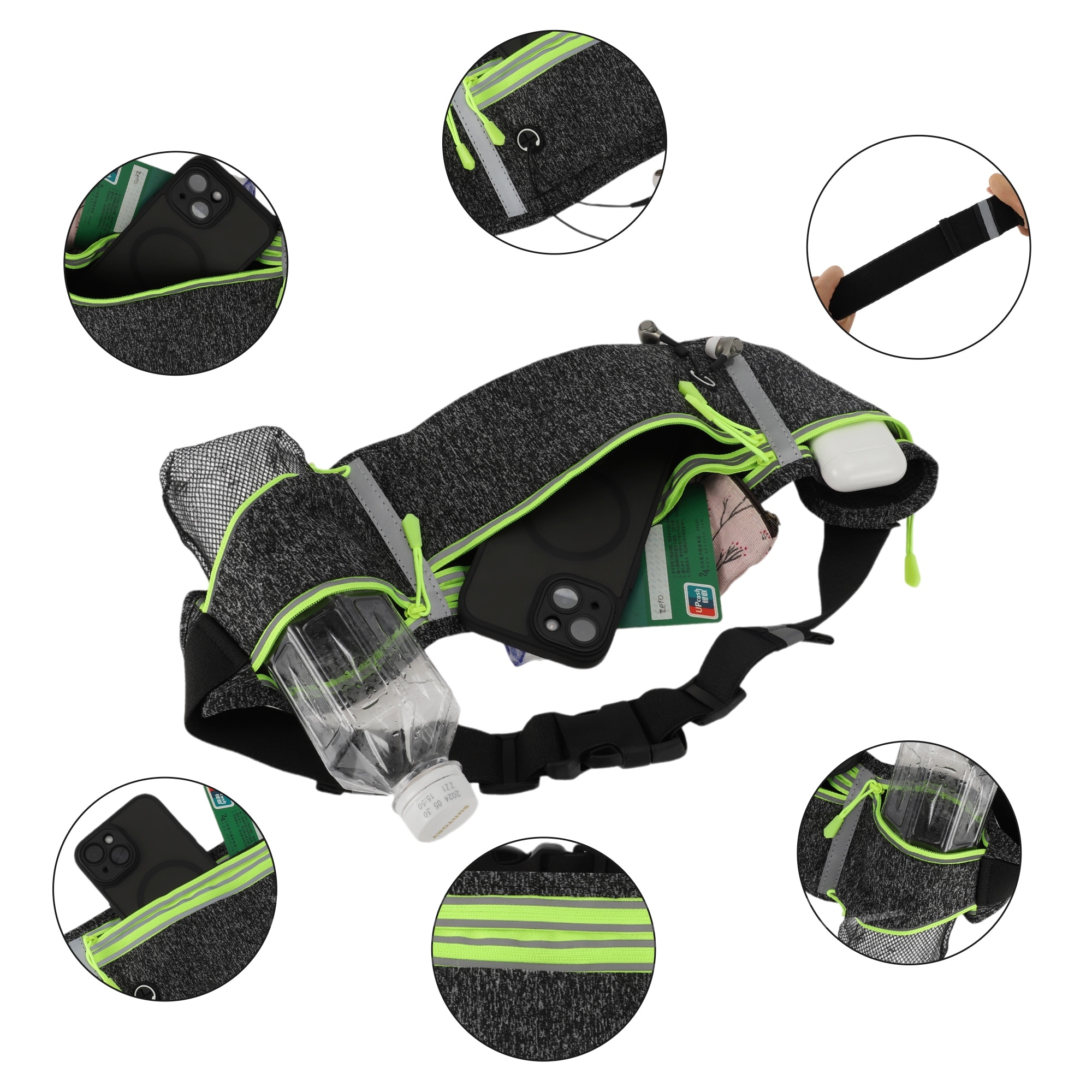 Waist Pack Bag with Water Bottle Holder Reflective Runner Belt for Hiking Black