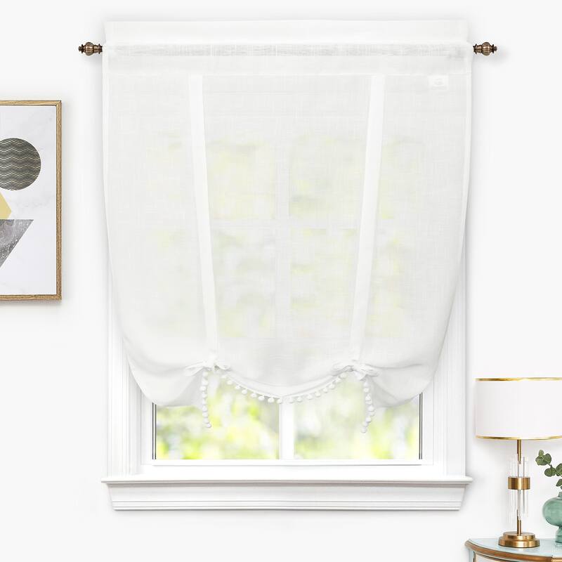 DriftAway Solid Color Linen Textured Slub Sheer with Pom Pom Trim Tie Up Adjustable Balloon Rod Pocket Window Curtains - 42" Width X 63" Length - White