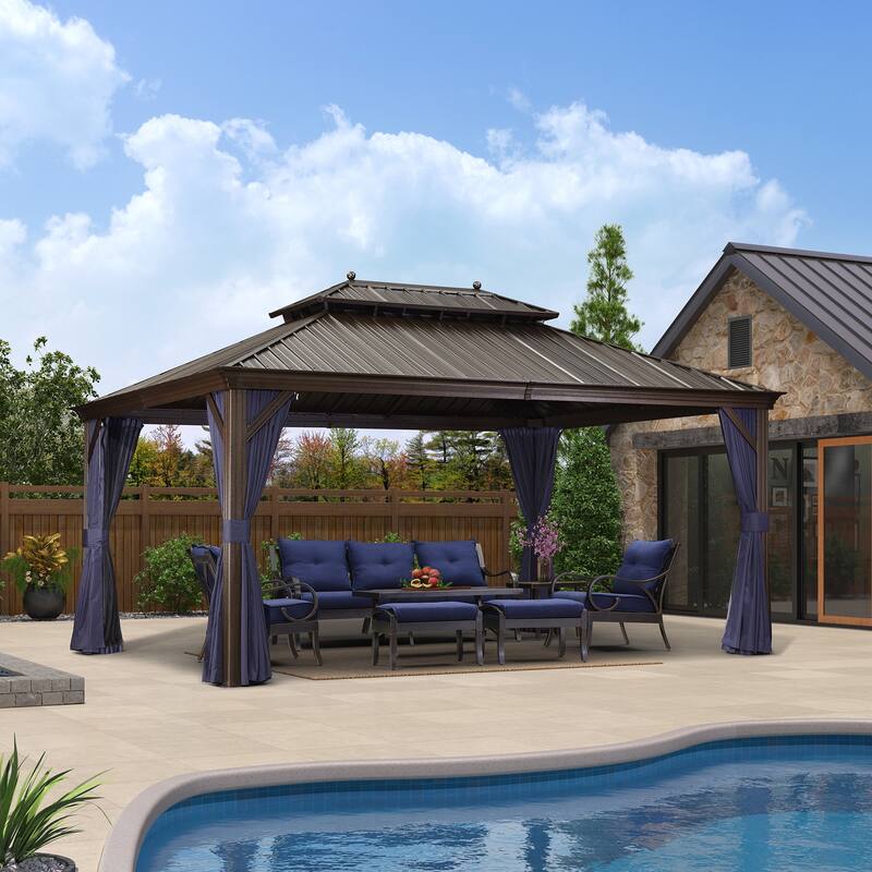 PURPLE LEAF Outdoor Gazebo Aluminum Frame Galvanized Steel Hardtop Gazebo - 12' x 16' (Hot Sale) - Navy Blue Curtain