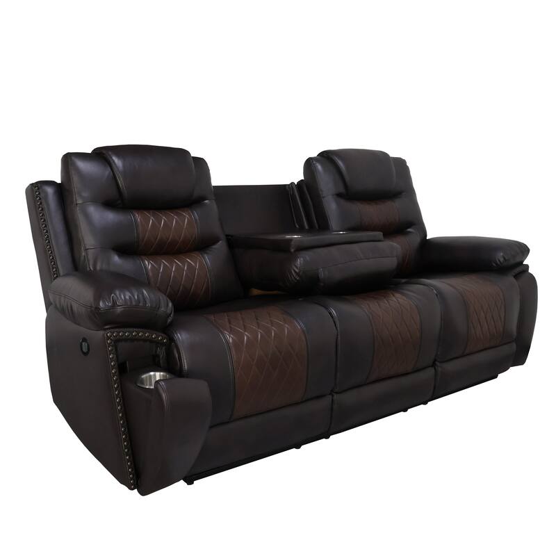 Asher Power Recliner Sofa, USB Charger, Brown Faux Leather 84 Inch