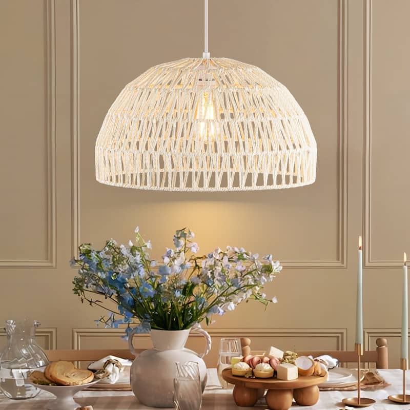 1-Light Modern Farmhouse Bohemian Round Hand-Woven Rattan Flush Mount Light Dome Pendant Light