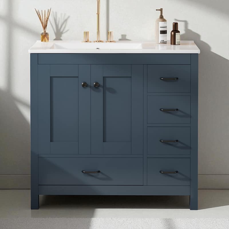 36" Bathroom Vanity with Ceramic Sink, Freestanding Cabinet with 2 Soft Close Doors and 5 Drawers, Solid Wood Frame - Blue