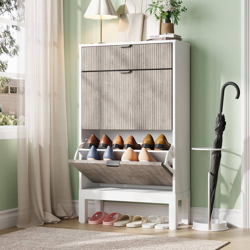 2-Drawer Slim Shoe Storage Cabinet with Flip Doors - Gray