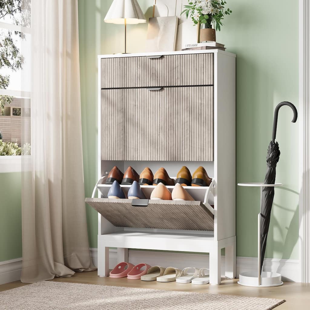 2-Drawer Slim Shoe Storage Cabinet with Flip Doors