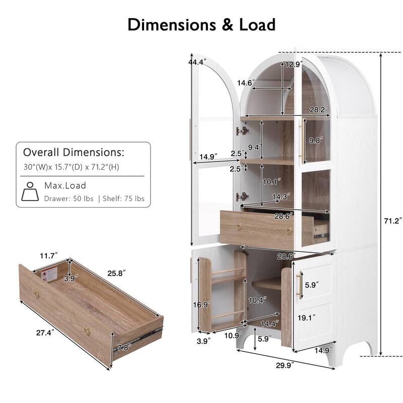 71" Tall Arched Kitchen Pantry Cabinet with Adjustable Shelves and Hidden Drawer for Stylish Storage Solutions