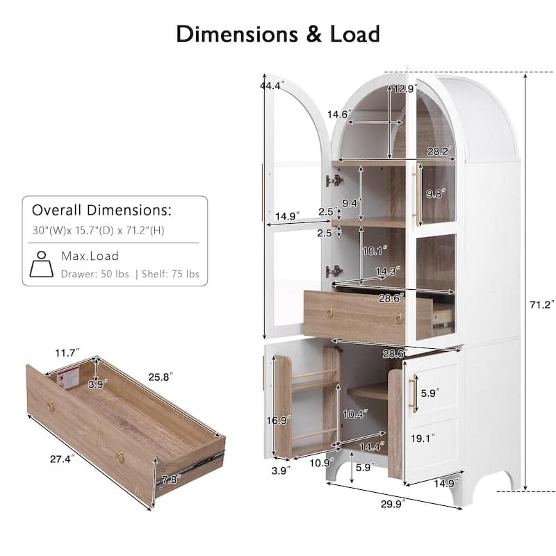 71" Tall Arched Kitchen Pantry Cabinet with Glass Door, Door Shelves, Hidden Drawer & Adjustable Shelves