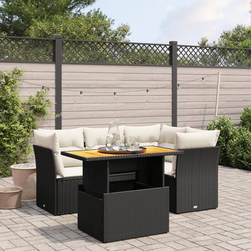 vidaXL Patio Sofa Set with Cushions Table and Sofa Modules 5 Piece Poly Rattan - 21.7 x 39.4 x 28.7 - Black