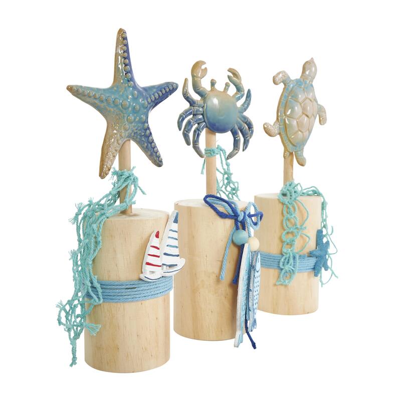 Ceramic Sea Life Handmade Ombre Decorative Sculpture with Cylinder Block Bases - Set of 3 Blue - Roche River Decor