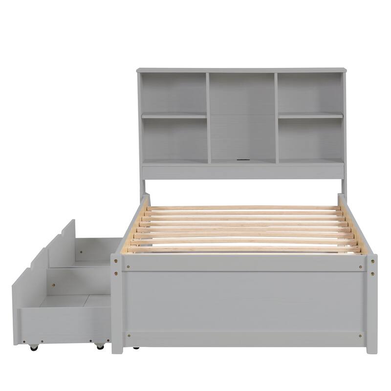 Modern Twin Size Bed Frame with USB Port, Bookcase Headboard, and 2 Drawers in Grey