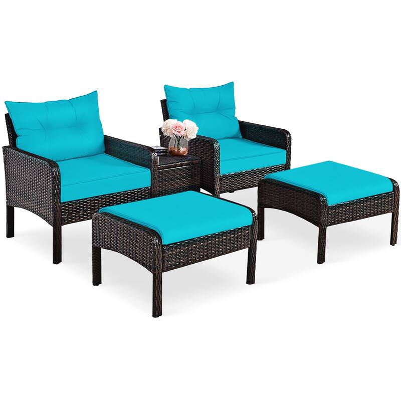 5 PCS Patio Rattan Conversation Set Outdoor Wicker Furniture Set - Turquoise
