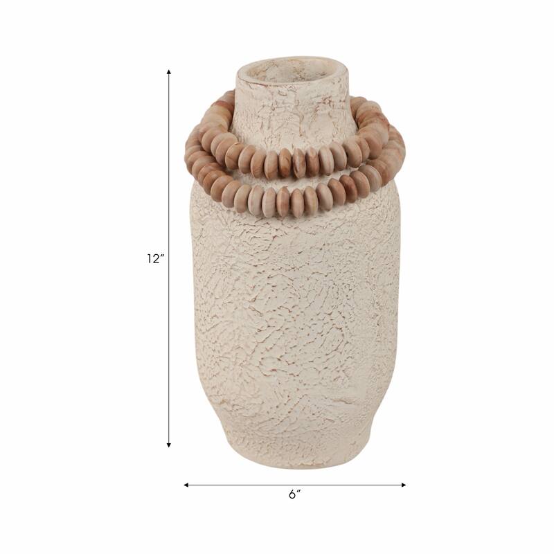 Pottery Mango Wood Vase Textured Surface and Removable Beaded Accent