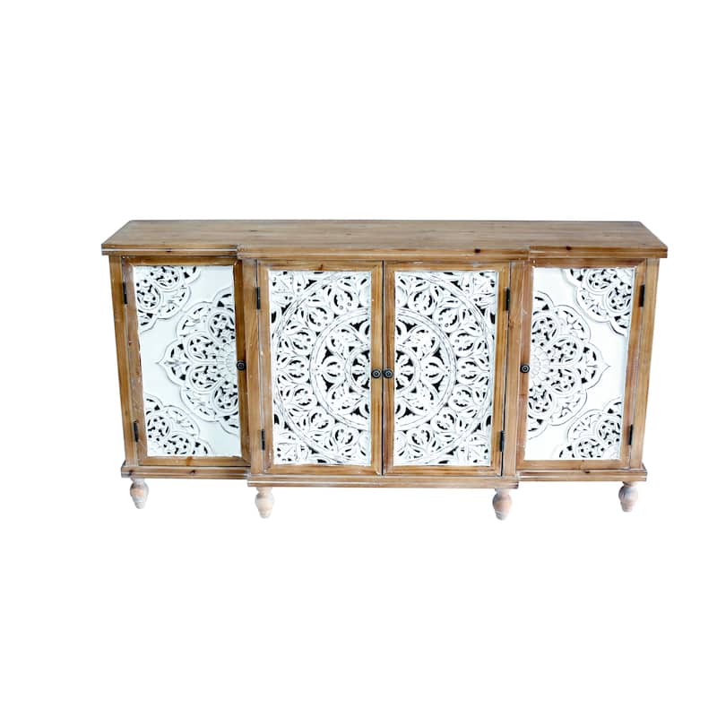 4-Door Hollow-Carved Accent Cabinet, Distressed Wood Storage Cabinet Cupboard with Adjustable Shelves