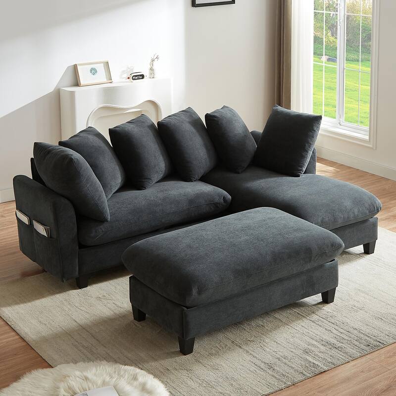 83" L-shaped Sectional Sofa with Storage, Ottoman, Pillows, Black Chenille Upholstery