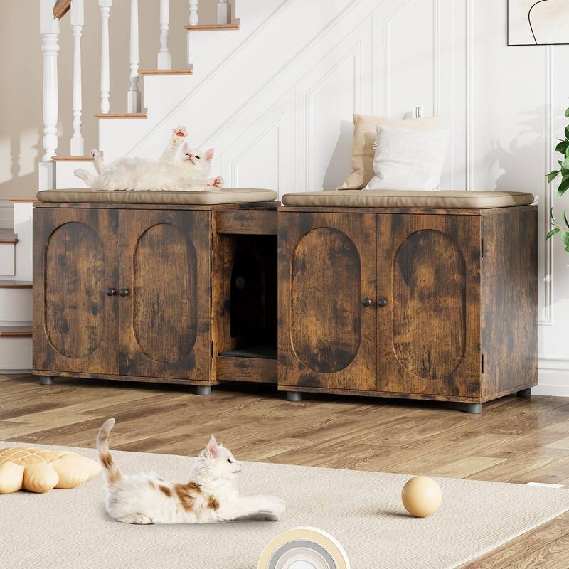 Cat Litter Box Enclosure 55.1" Double Litter Box Furniture Large Cat Box - White