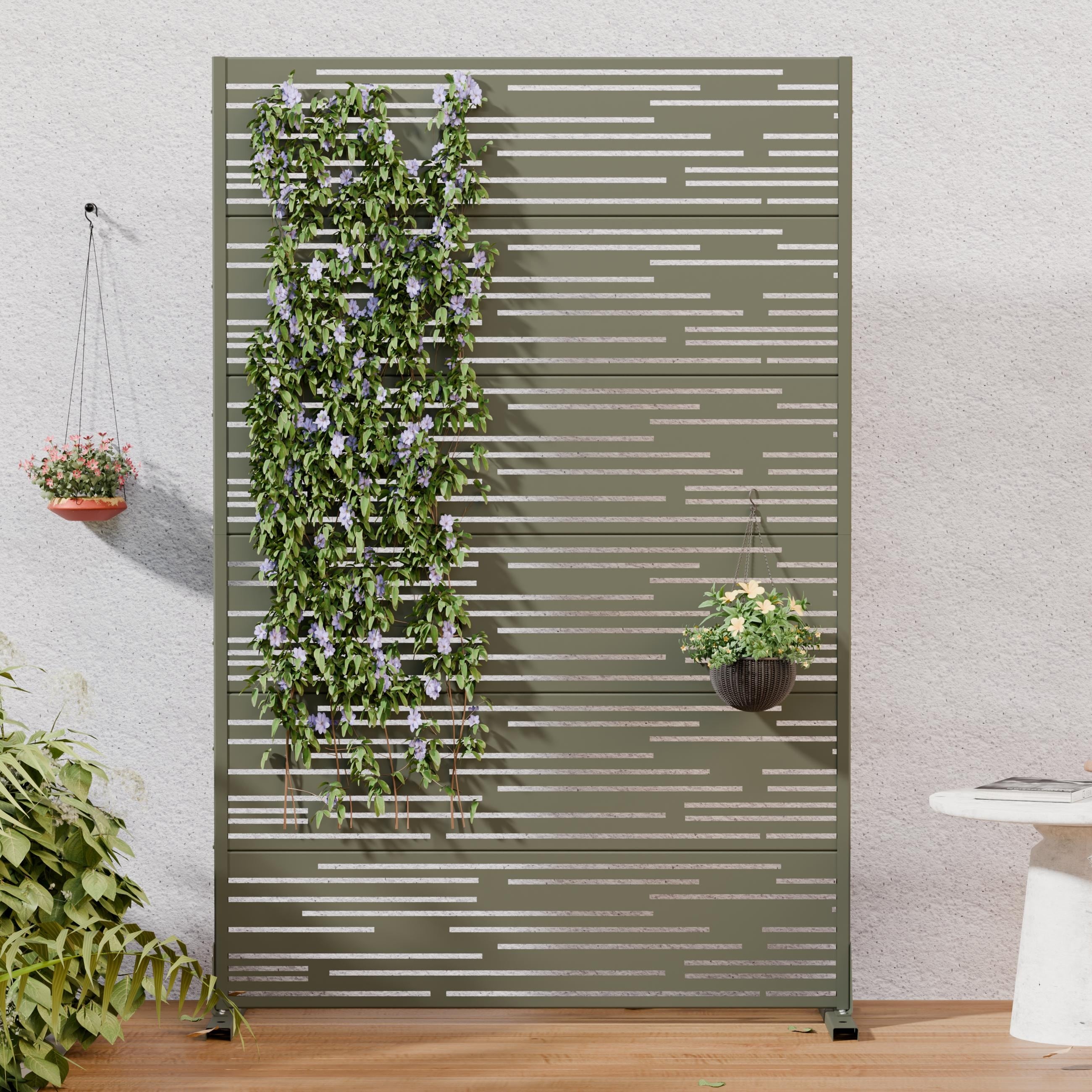 Outdoor Privacy Screen Freestanding Metal Room Divider with Modern Slatted Design Decorative - 72"H x 47"W
