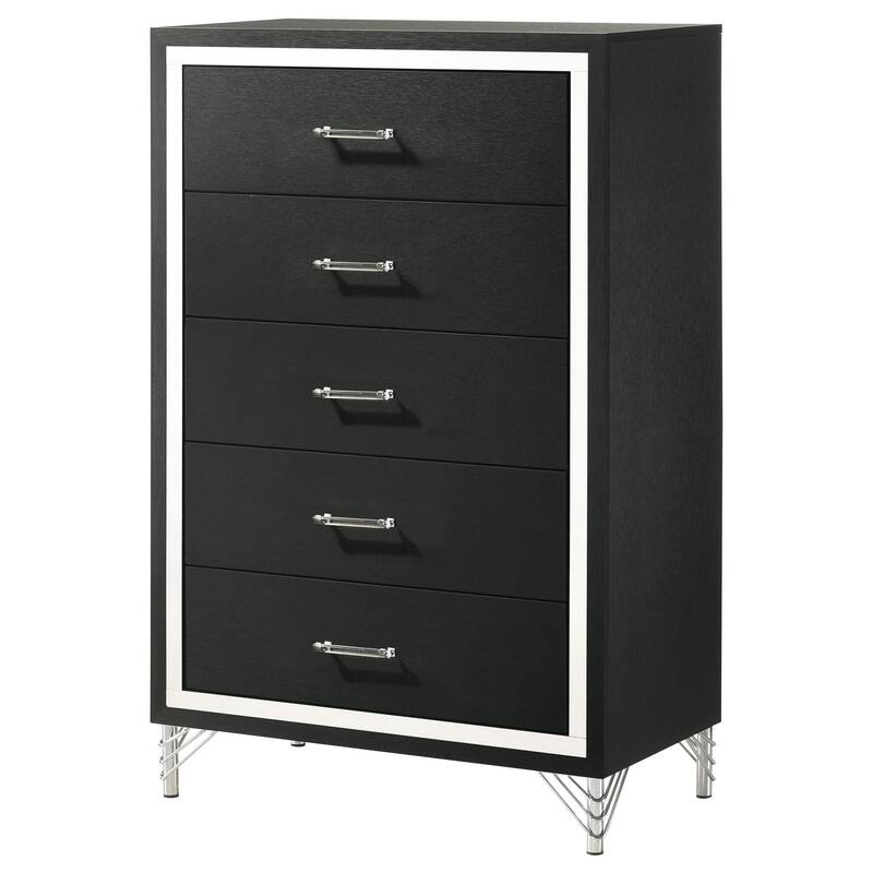 Jenny Tall Dresser Chest, 5 Drawers and Chrome Accents, Modern Black