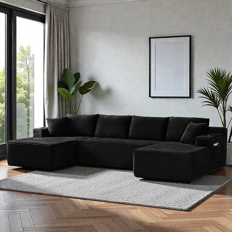 Compressible U-Shaped Modular Sectional Sofa, Corduroy Cloud Couch, 6-Seat Minimalist Living Room Sofa