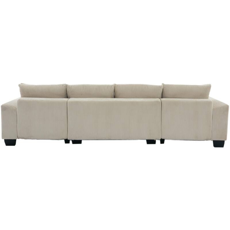 114" Corduroy U-Shaped Sleeper Sofa with Pull-Out Bed, 4 Back Cushions and 2 Throw Pillows