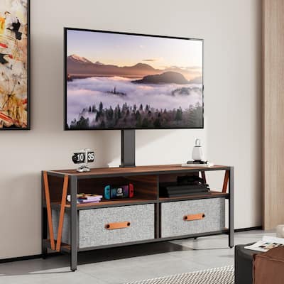 FITUEYES Wood TV Stand with Mount for 55-75 inch TVs Hold up to 88lbs, Swivel and Multi-functional with Foldable Drawers