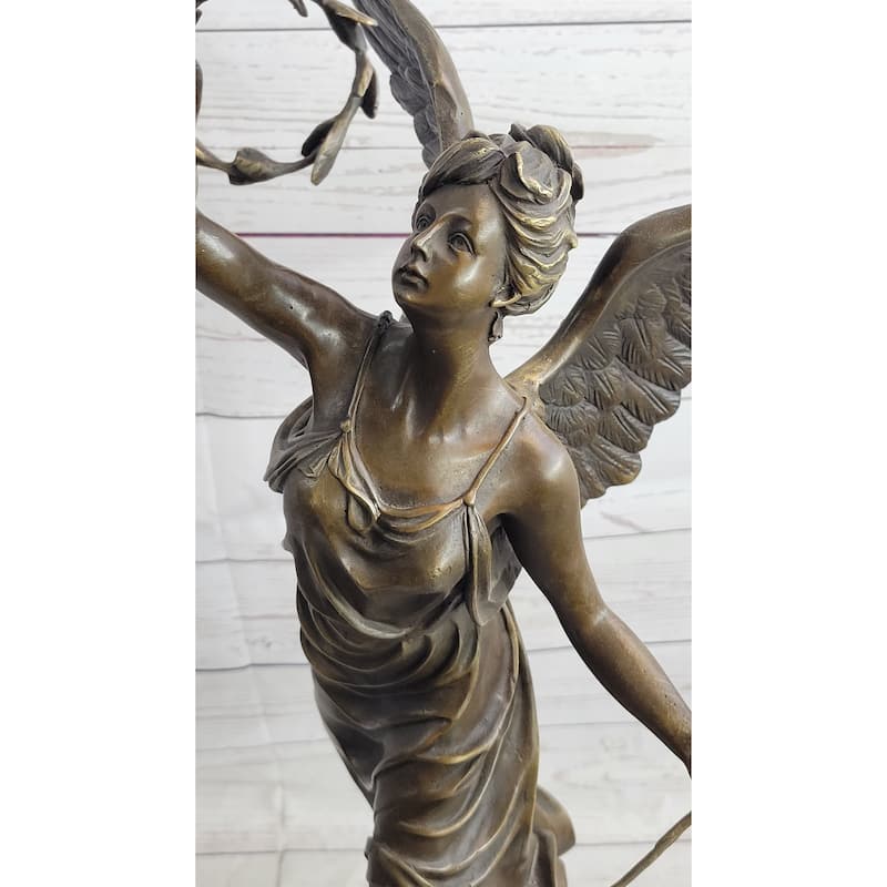 Bronze Sculpture Statue Figure Of Winged Female Angel Holding Wreath Trumpet Horn