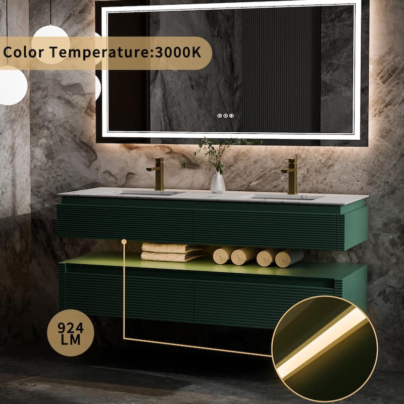 Modland 60" Modern Wall-Mounted Double Sink Bathroom Vanity with Engineered Stone Countertop, Soft-Close Drawers