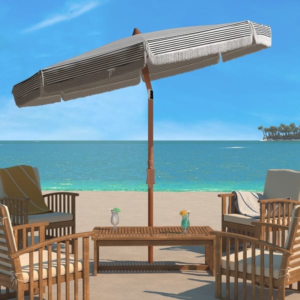 slide 2 of 6, SAFAVIEH Copen 6.5ft Round Outdoor Patio Umbrella with Fringe Trim - UV Resistant, Button Tilt White/Black Stripe