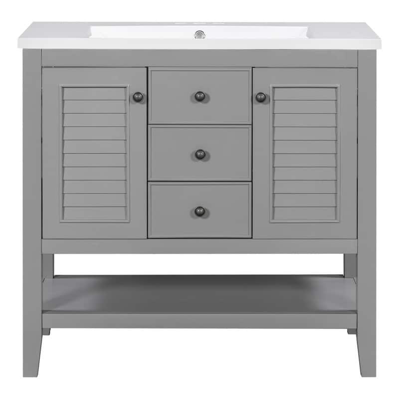 36" Bathroom Vanity with/without Sink, Bathroom Vanity Cabinet with 2 Cabinets and Drawers, Open Shelf, Solid Wood Frame